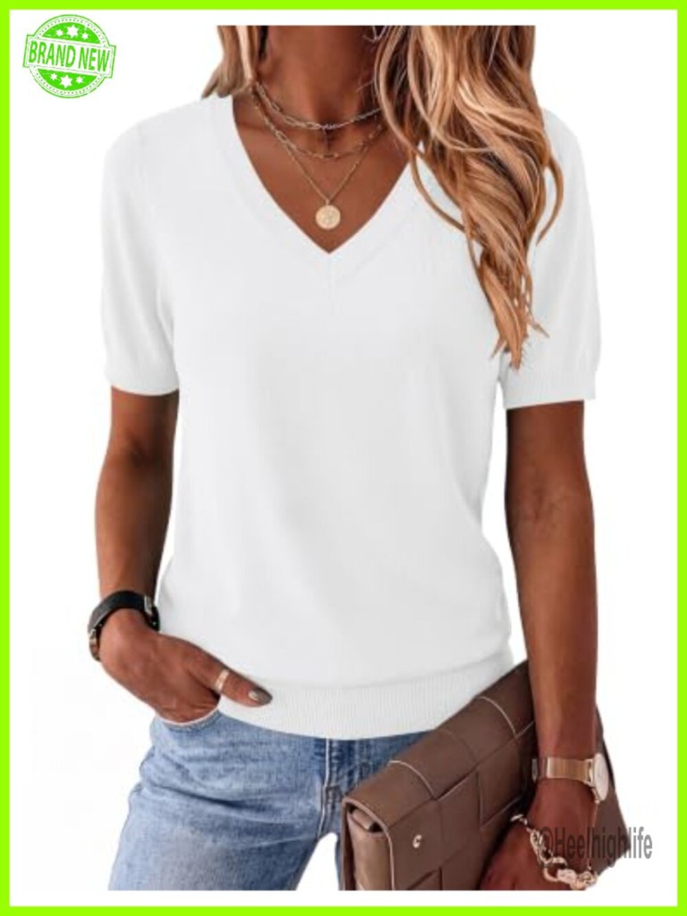 Womens Short Sleeve V Neck Ribbed Knit Sweater Business Casual Top